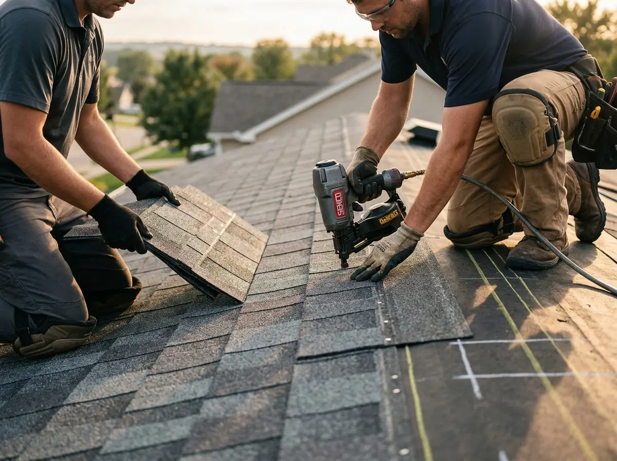 Professional roofer working on a residential roof in San Diego